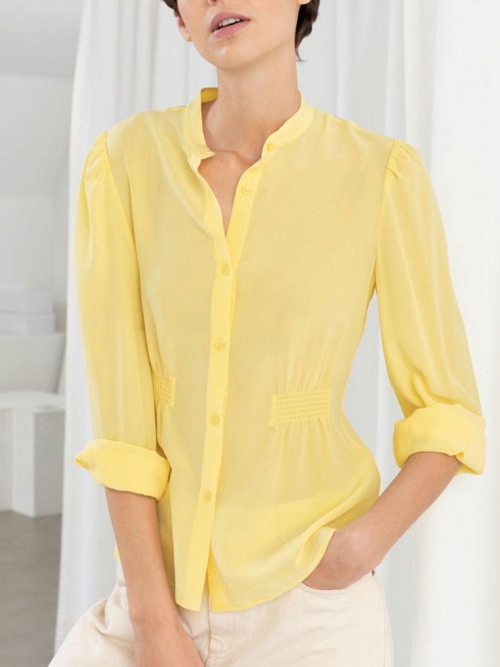 & Other Stories Yellow 100% Silk Ruched Waist Blouse Size 6
